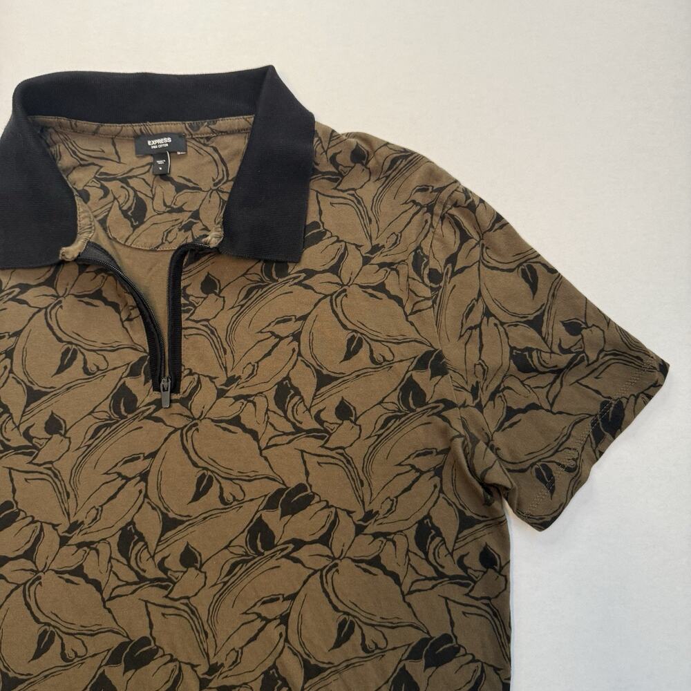 Express Polo Shirt Men's M Brown/Black Floral Short Sleeve Collared Zip